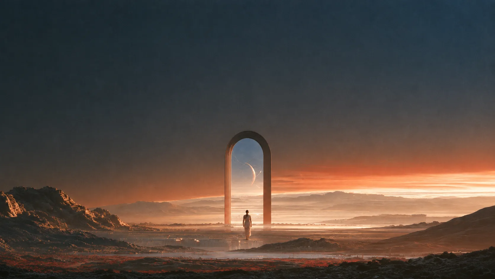 A figure walks toward a monumental arch at sunrise over a wide valley